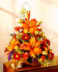 fall basket arrangement with autumn flowers